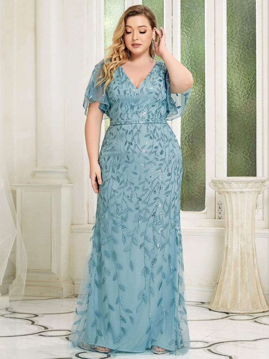 Enchanting Plus Size V Neck Mermaid Sequin & Tulle Evening Gown