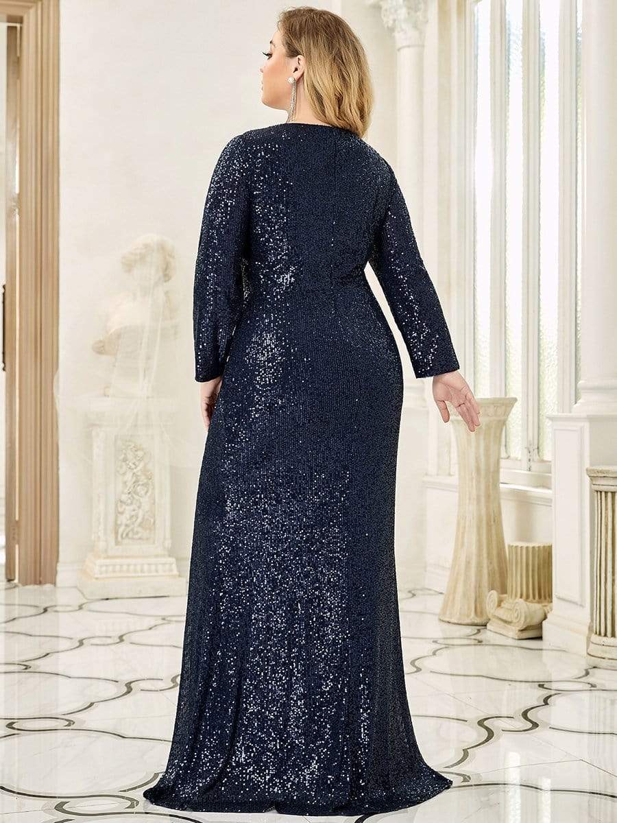 Custom Size Long Sleeves Deep V-Neck Sequin Bodice Formal Evening Gowns