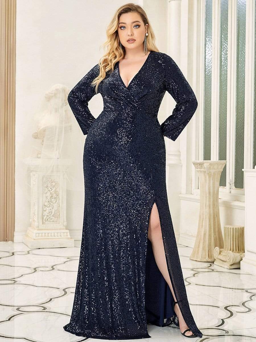 Custom Size Long Sleeves Deep V-Neck Sequin Bodice Formal Evening Gowns