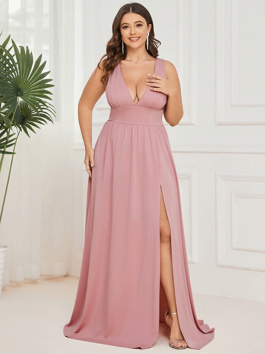 Evening Elegance Plus Size V-Neck Empire Waist High Slit Dress