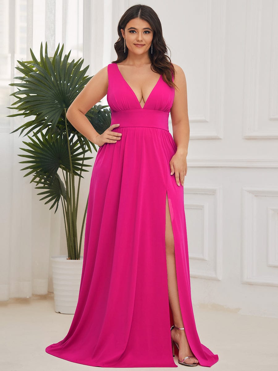 Evening Elegance Plus Size V-Neck Empire Waist High Slit Dress