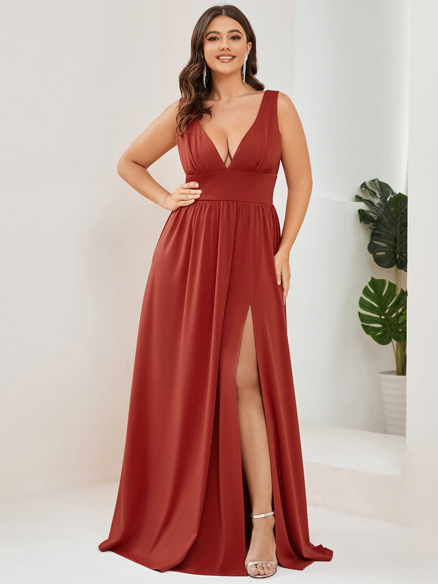Evening Elegance Plus Size V-Neck Empire Waist High Slit Dress