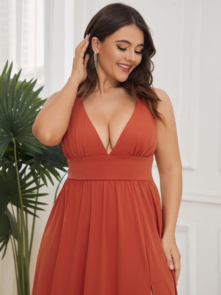 Evening Elegance Plus Size V-Neck Empire Waist High Slit Dress
