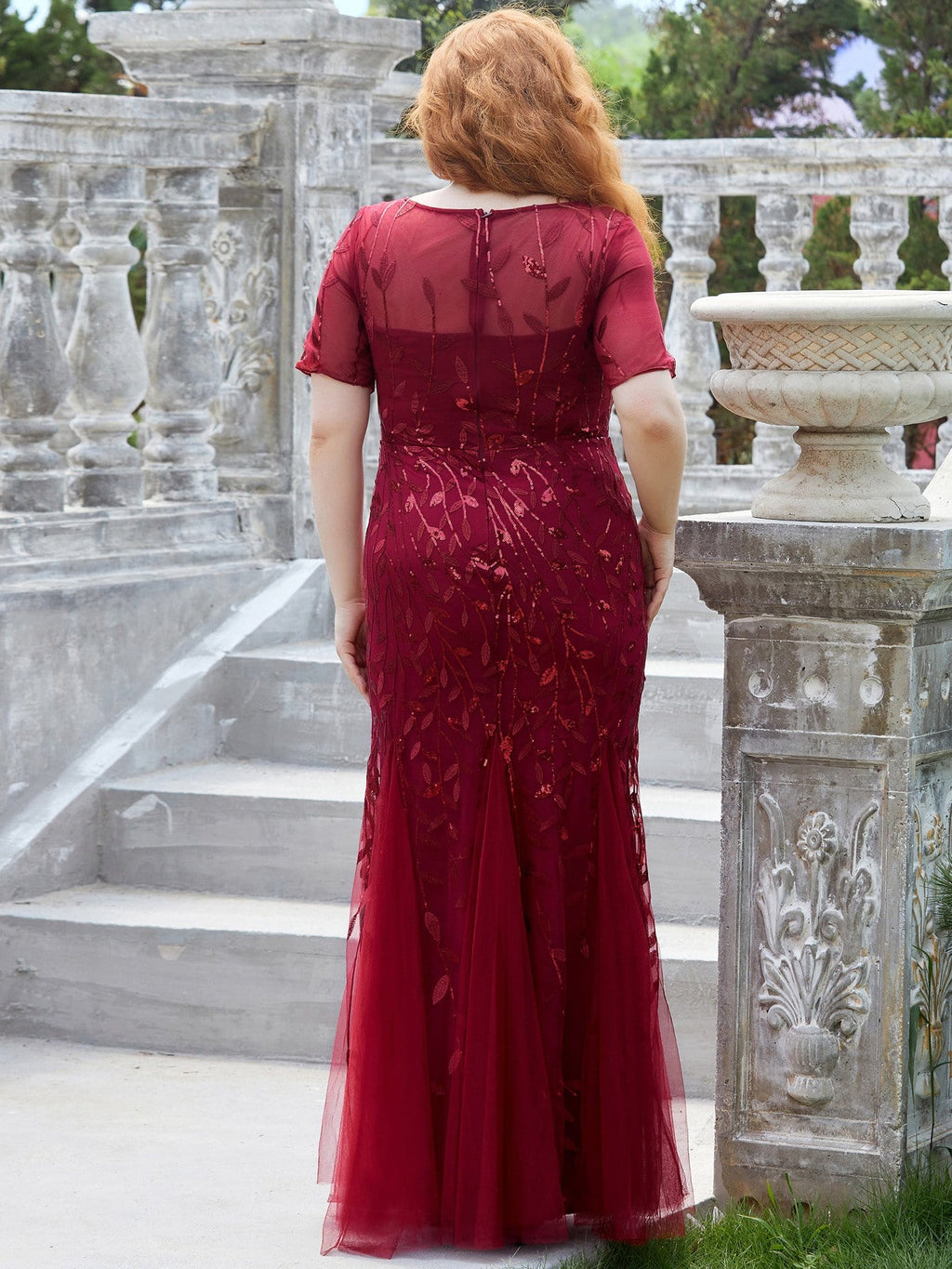 Floral Sequin Print Maxi Long Fishtail Formal Dresses With Half Sleeve