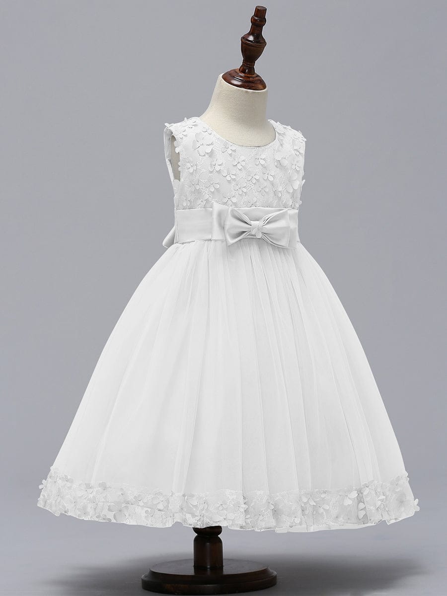 Flower Adorned Sheer Flower Girl Dress with Butterfly Bows