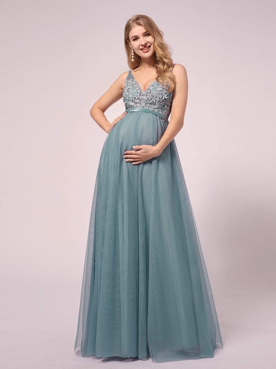 Double V-neck Lace Applique Bodice Maxi Maternity Dress