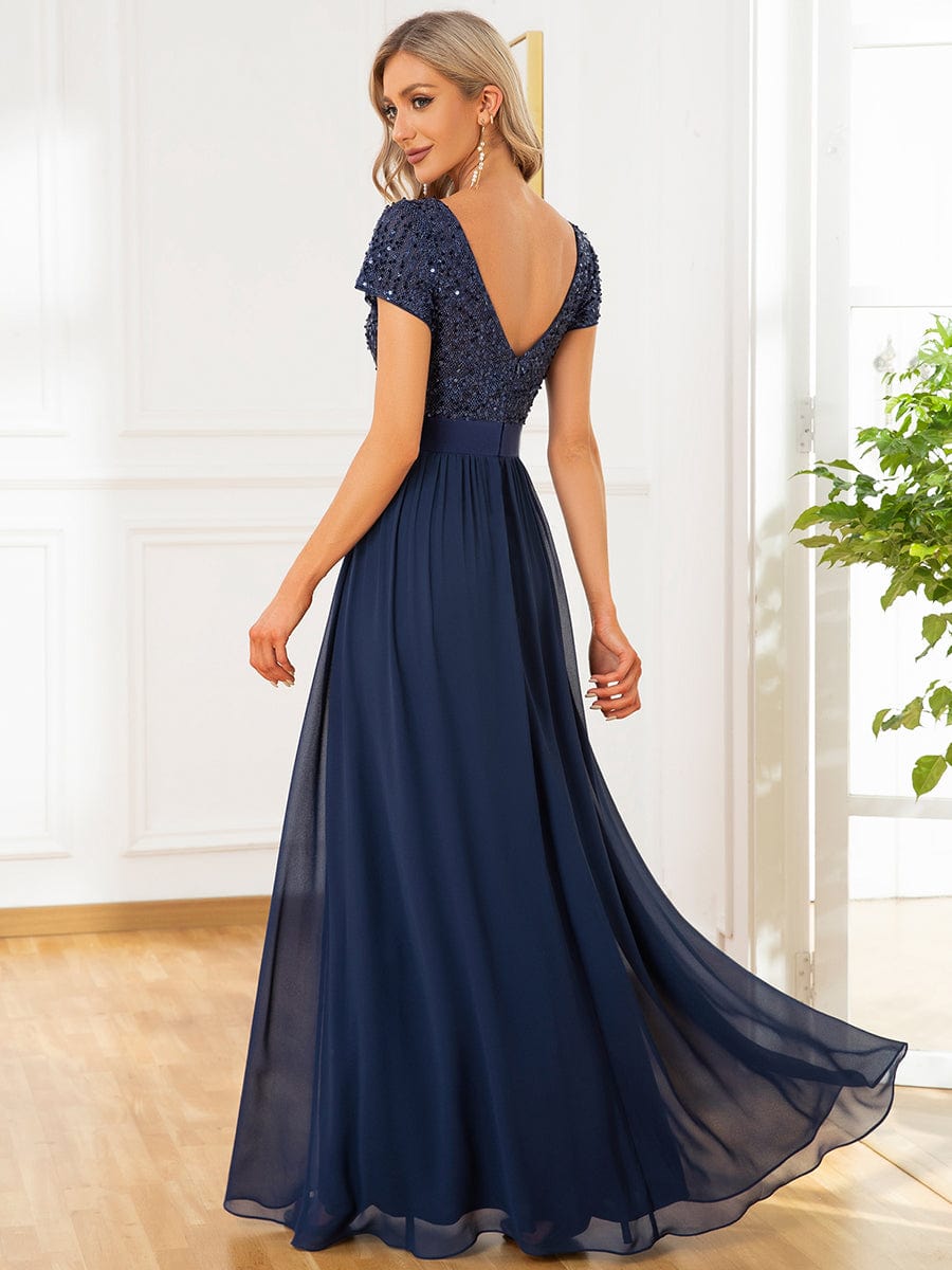 Empire Waist V-Neck Cap Sleeve Chiffon Evening Dress