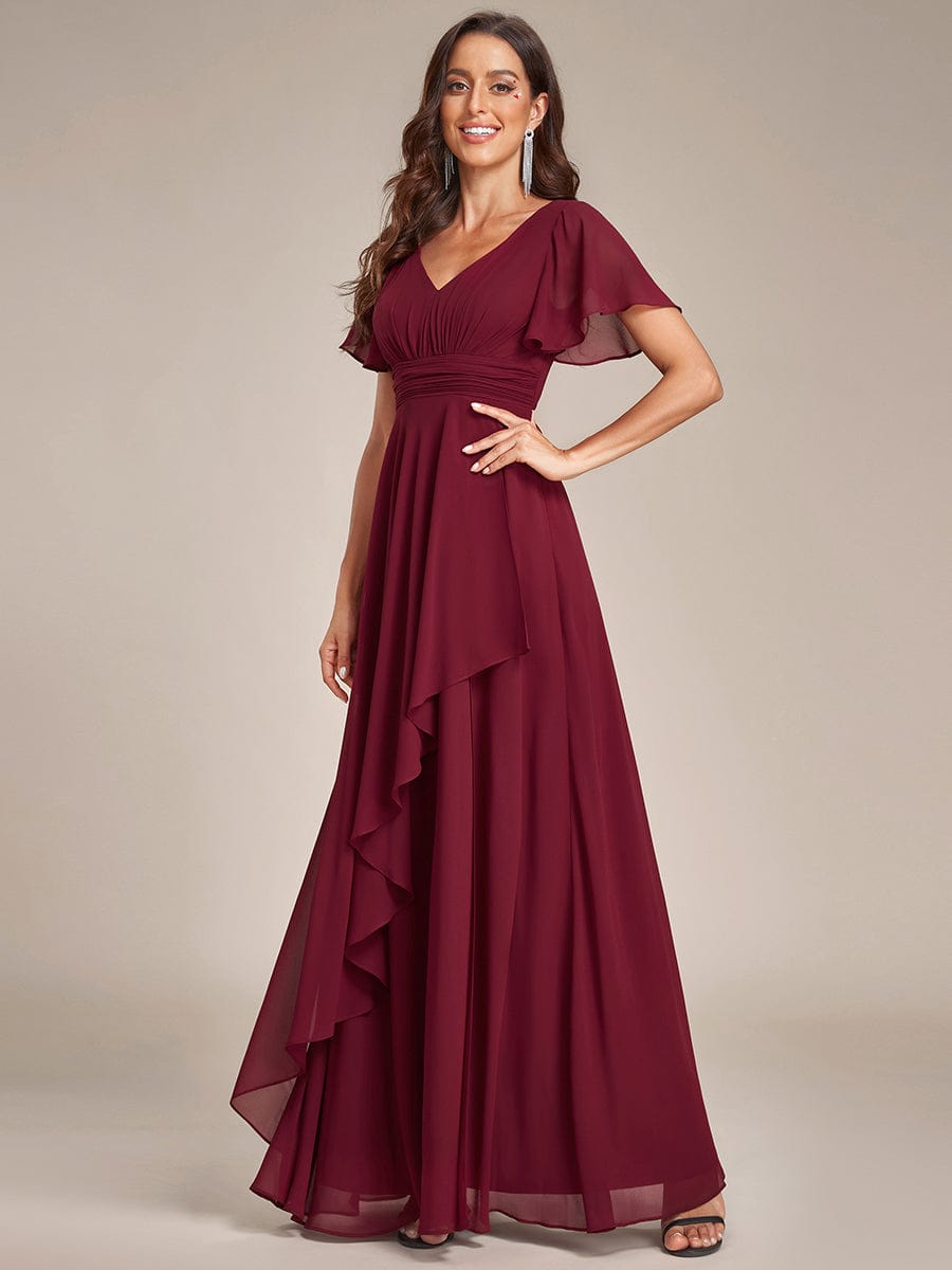 Chiffon Evening Dress with Ruffles Sleeve and Lotus Leaf High Slit