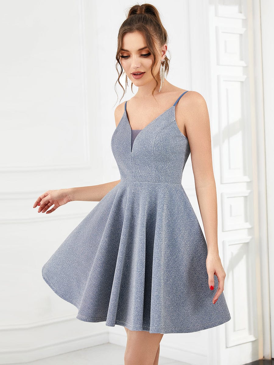 Shiny Deep V Neck Knee Length Prom Dress