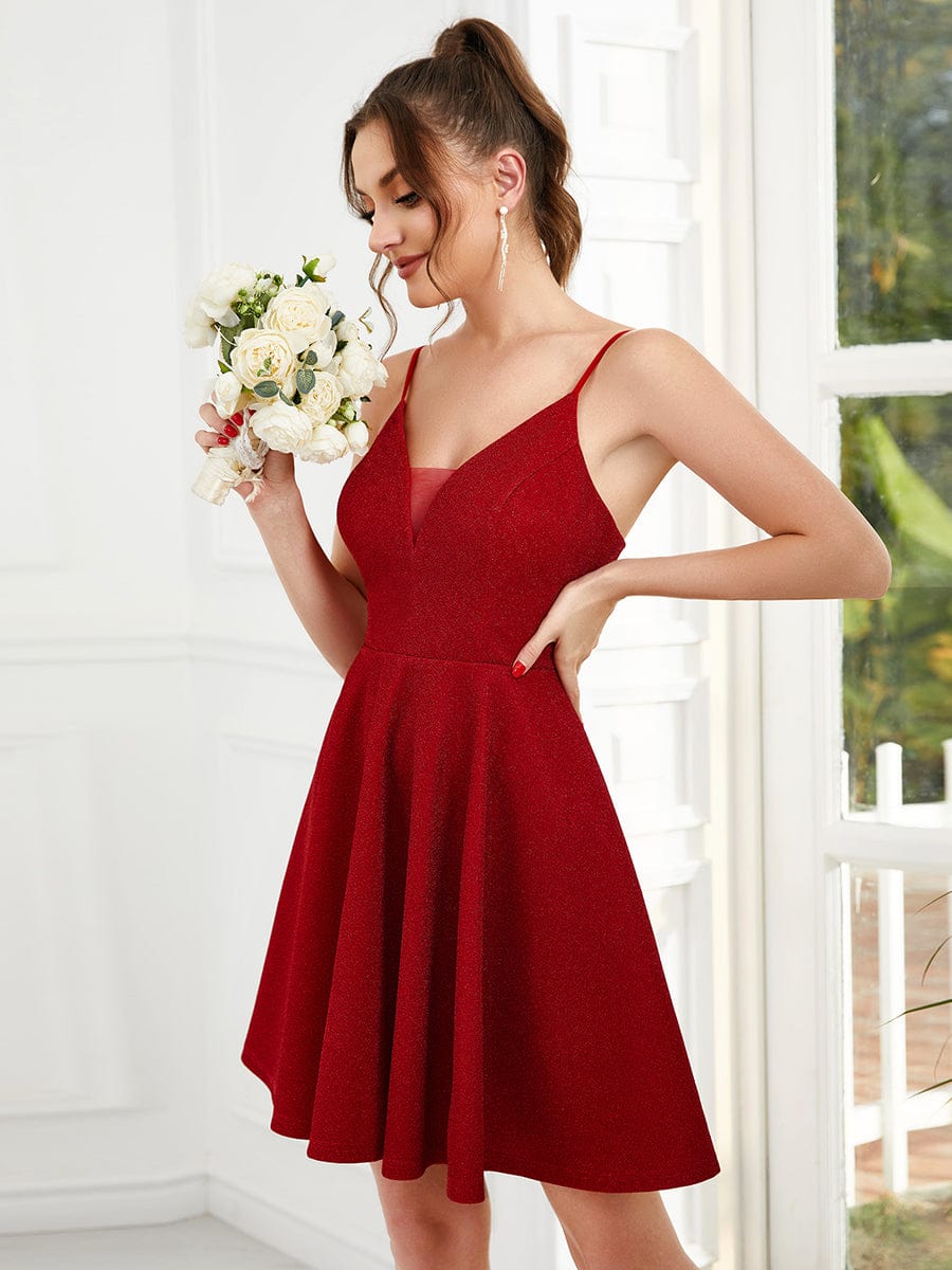 Shiny Deep V Neck Knee Length Prom Dress