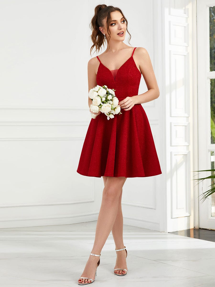 Shiny Deep V Neck Knee Length Prom Dress
