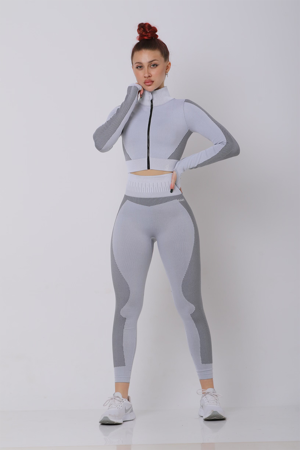 Samless Women 3pcs Yoga Sets Fitness Sport Suit Long Sleeve Zipper with Sport Bra & Leggings Pants Light Grey