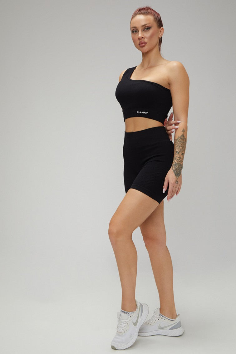 Women Seamless Workout Outfits One Shoulder And High Waist Shorts 2pcs Set Black