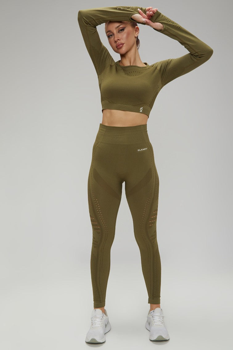 Women Seamless Workout Outfits Sport Long Sleeves And Leggings Khaki