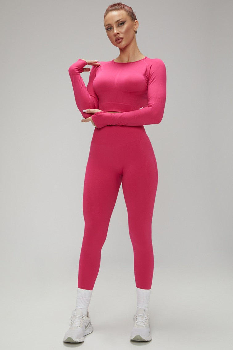 Hot Winter Spring Seamless Long Sleeve Crop Top High Waist Leggings 2psc Set Pink