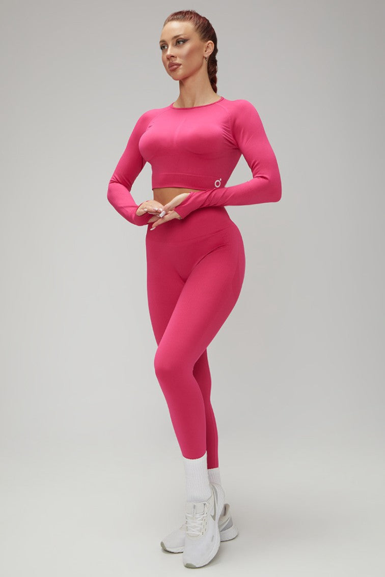 Hot Winter Spring Seamless Long Sleeve Crop Top High Waist Leggings 2psc Set Pink