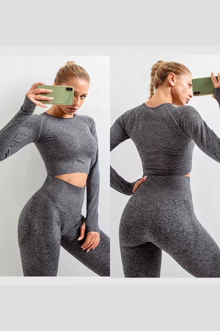 Women Seamless Workout Outfits Sport Long Sleeve And Legging Grey Plain