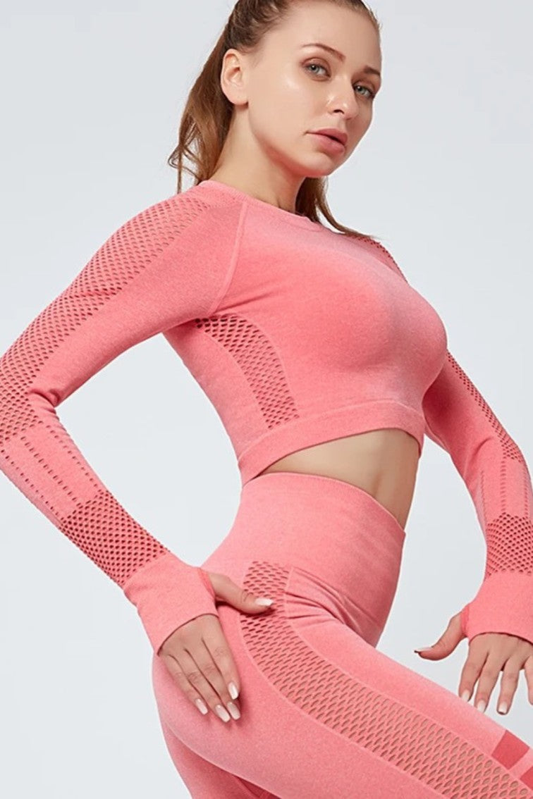 Women Seamless Workout Outfits Sport Long Sleeve And Legging Peach Net