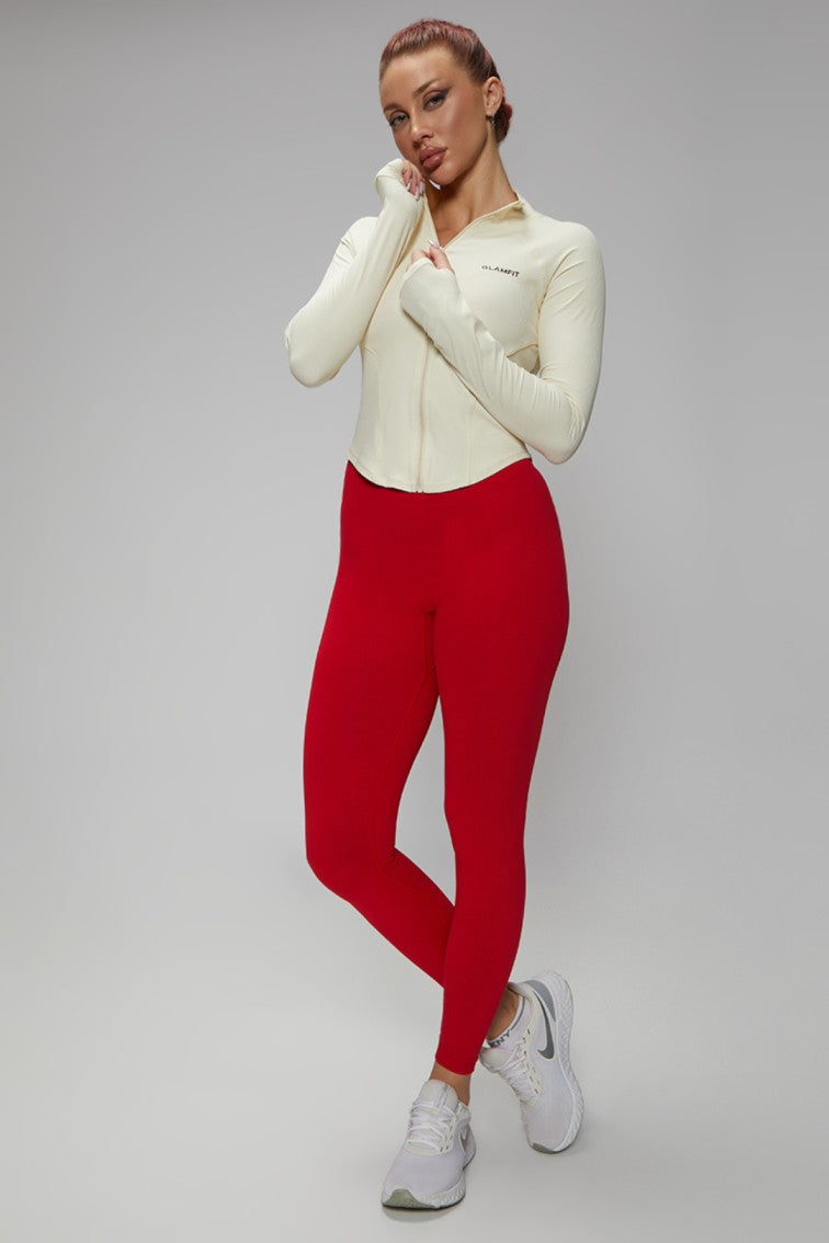 Long Sleeves Ribbed Thumb Holes Deep Ribbed Collar Breathable Workout Jacket Off White