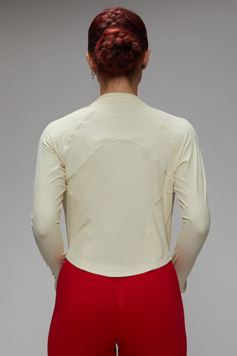 Long Sleeves Ribbed Thumb Holes Deep Ribbed Collar Breathable Workout Jacket Off White