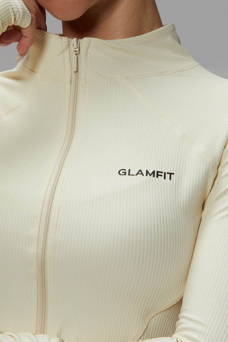 Long Sleeves Ribbed Thumb Holes Deep Ribbed Collar Breathable Workout Jacket Off White