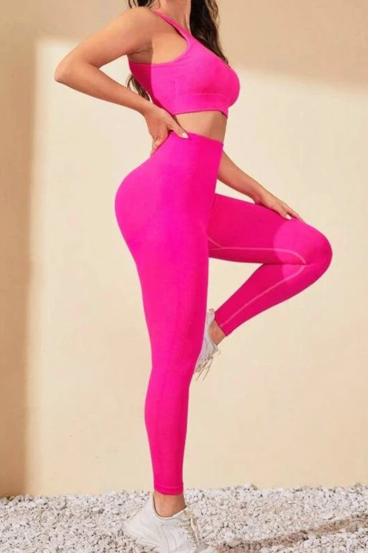 Women Seamless Workout Outfits One Shoulder Sport Bra Padded and High Waist Legging Pink