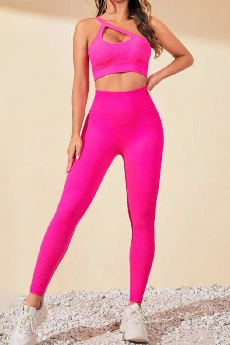 Women Seamless Workout Outfits One Shoulder Sport Bra Padded and High Waist Legging Pink