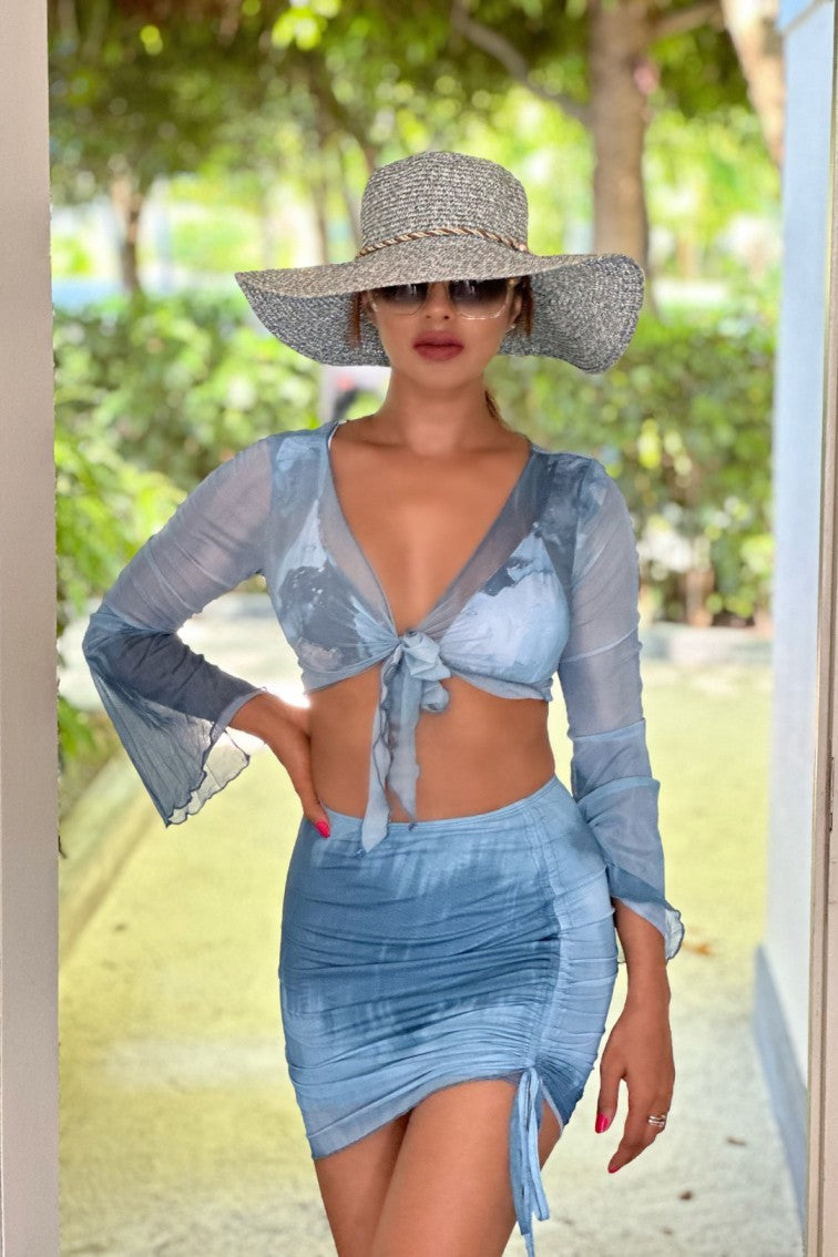 Women 2 Piece Bikini & Skirt Set Grey Blue