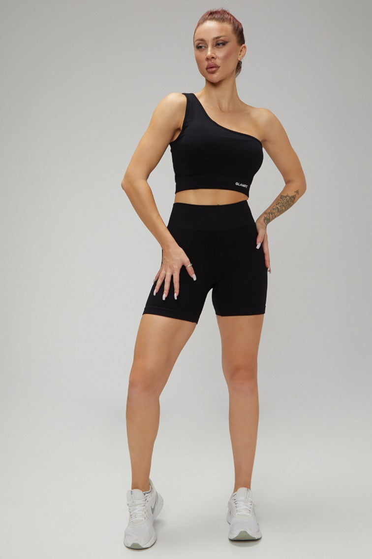 Women Seamless Workout Outfits One Shoulder And High Waist Shorts 2pcs Set Black