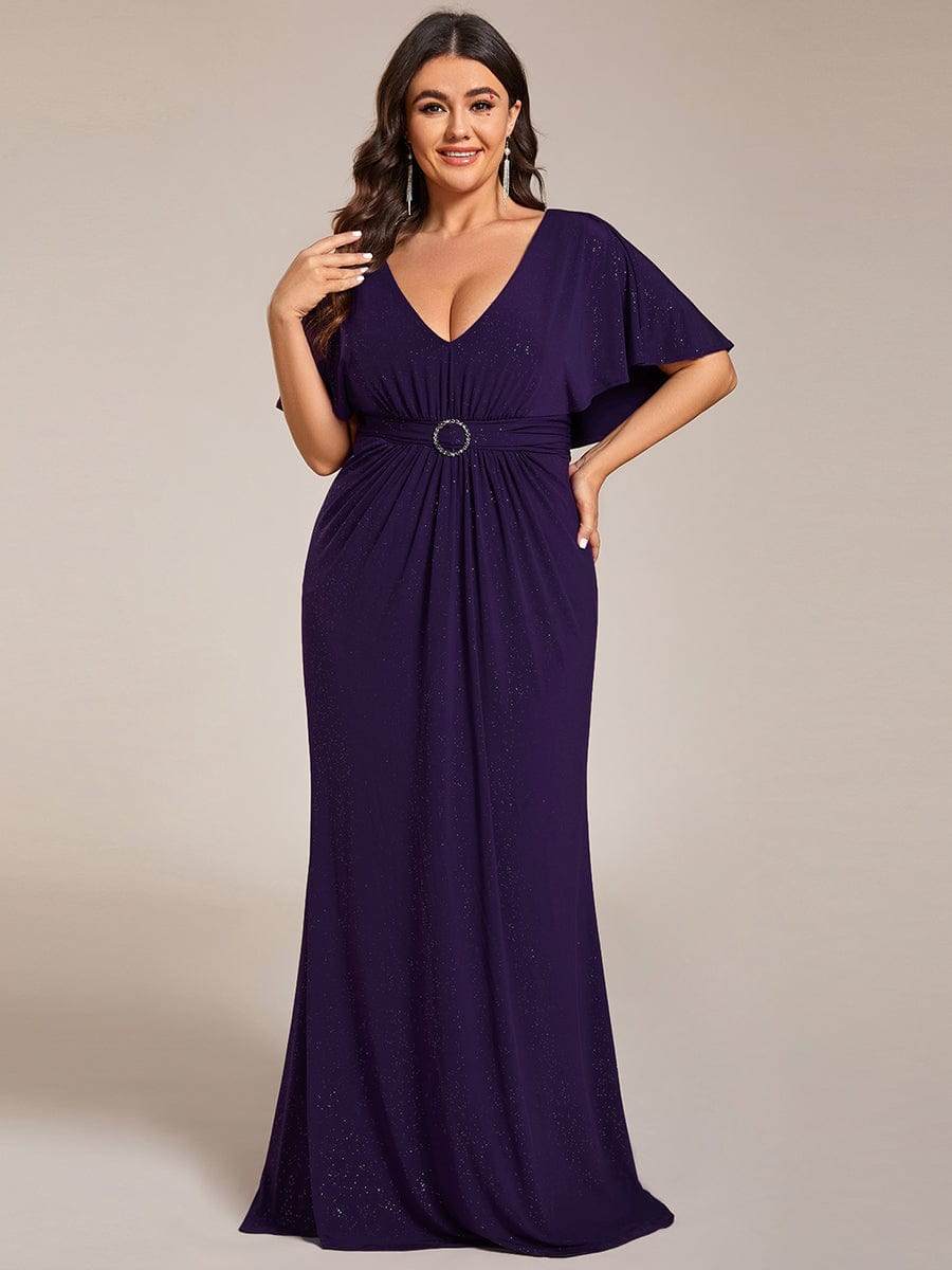 Glamorous Plus Size Mermaid Evening Gown with Glitter Bat-Wing Sleeves and Waist-Cinching Detail