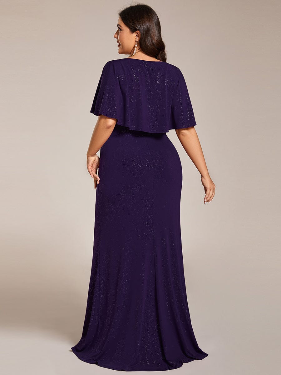 Glamorous Plus Size Mermaid Evening Gown with Glitter Bat-Wing Sleeves and Waist-Cinching Detail