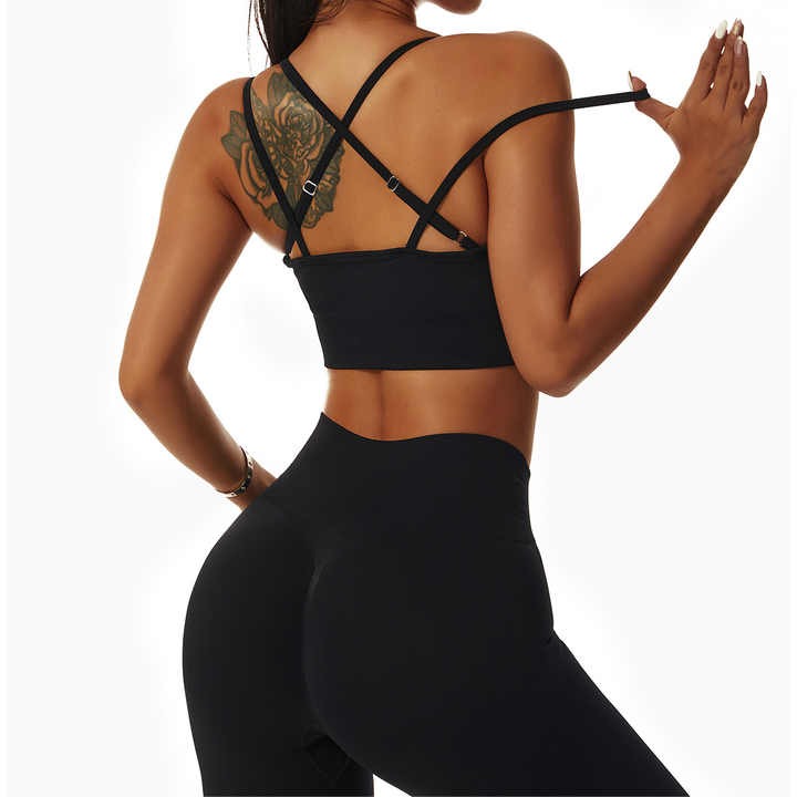 Rib-Knit Ladies High Waist Breathable Sport Pants And ZigZag Back Padded Bra Black