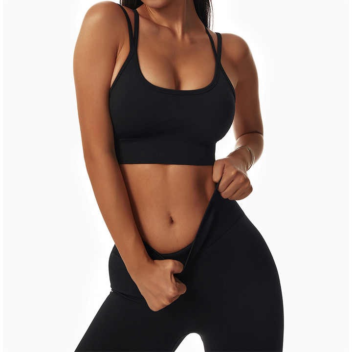 Rib-Knit Ladies High Waist Breathable Sport Pants And ZigZag Back Padded Bra Black