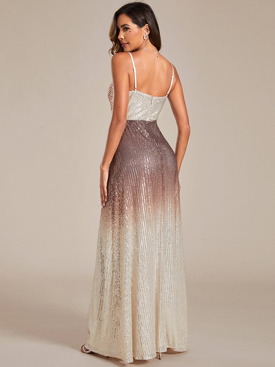 Gradient Sequin A-Line Spaghetti Strap V-Neck Evening Dress