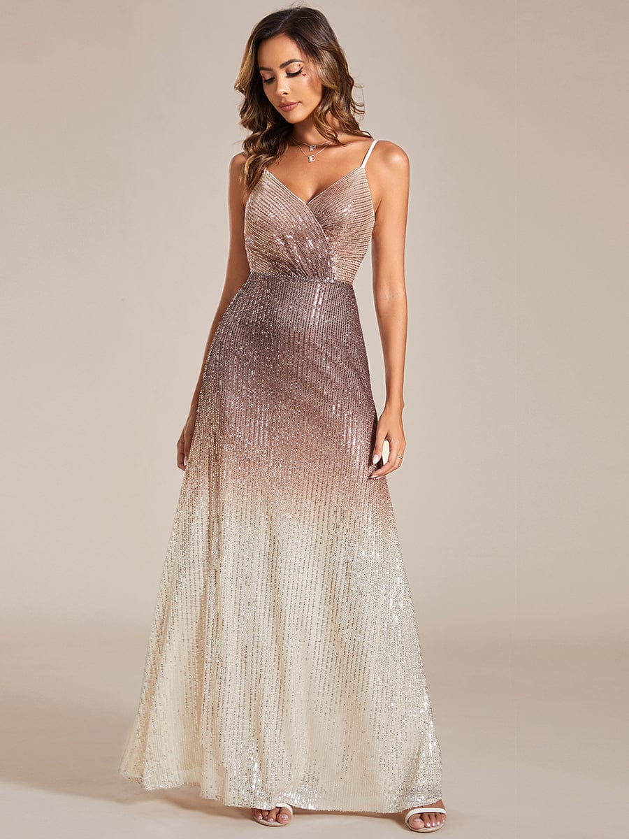 Gradient Sequin A-Line Spaghetti Strap V-Neck Evening Dress