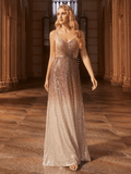 Gradient Sequin A-Line Spaghetti Strap V-Neck Evening Dress