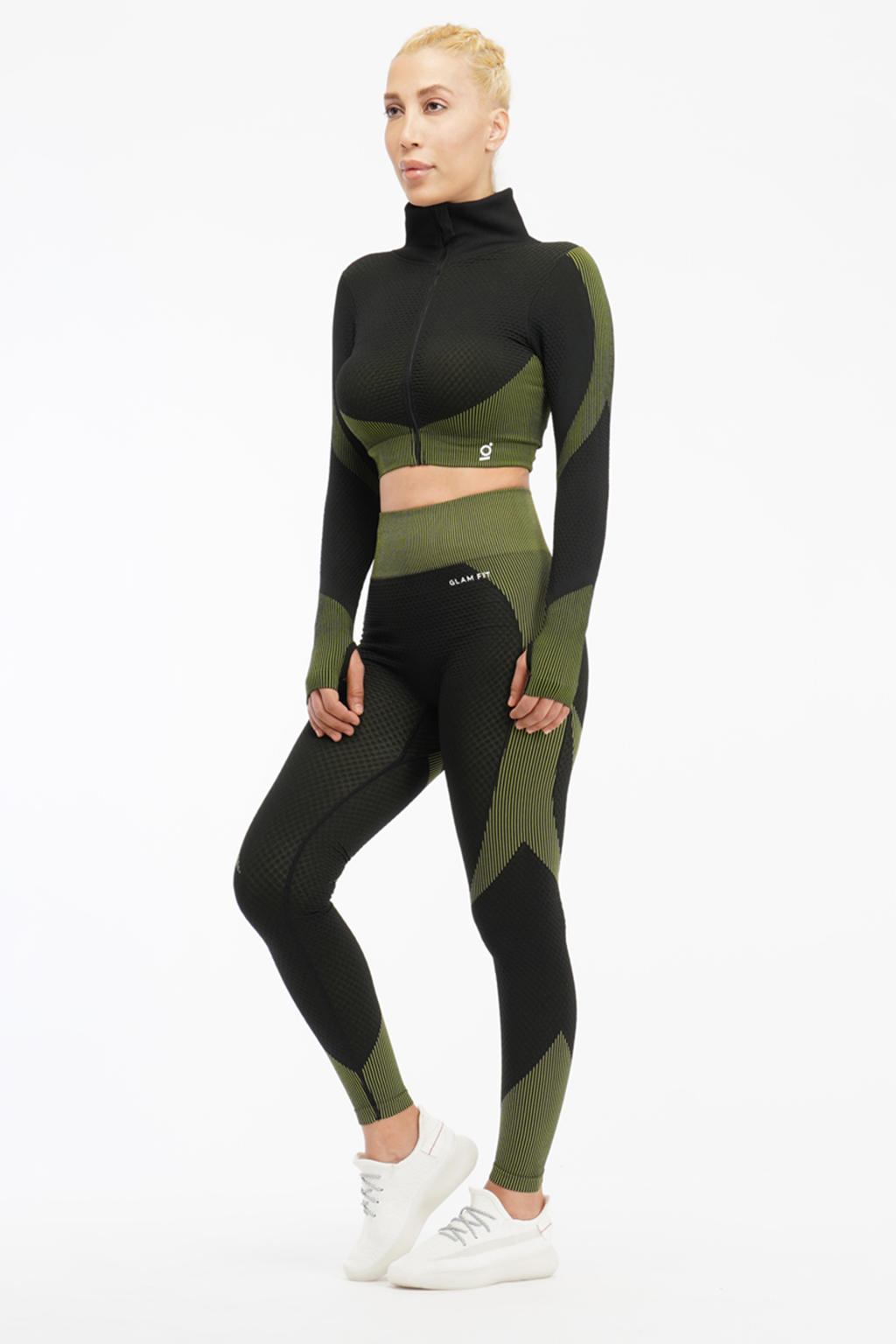 Women Seamless Workout Outfits 2pcs Sport Long Sleeve Zipper And Legging Green Black