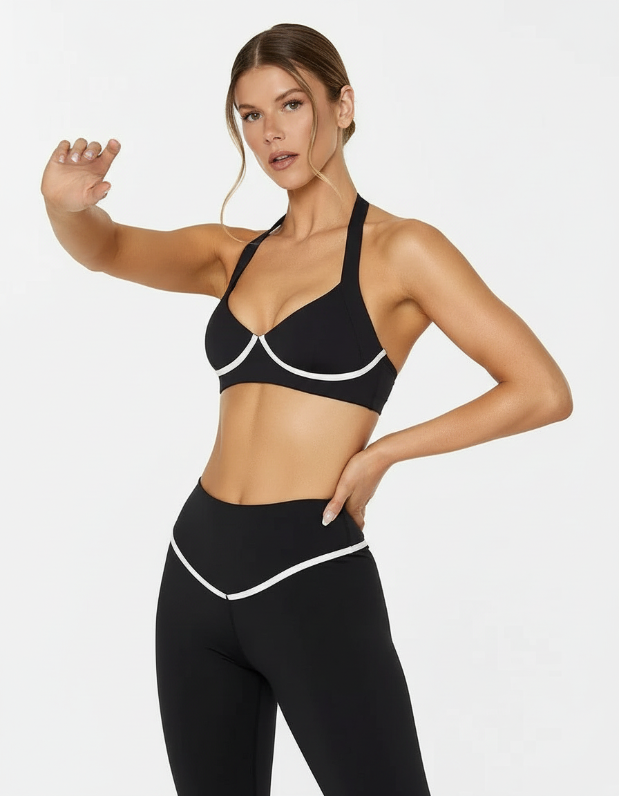 Halter Sports Bra with White Contrast Piping