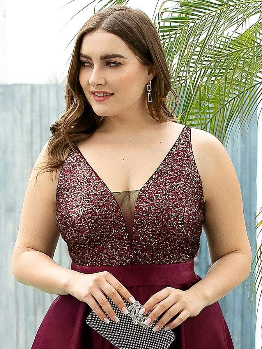 Elegant Sequin Embellished High Low Plus Size Evening Dress