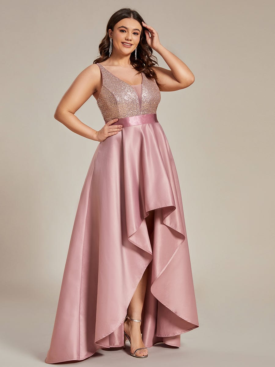 Elegant Sequin Embellished High Low Plus Size Evening Dress