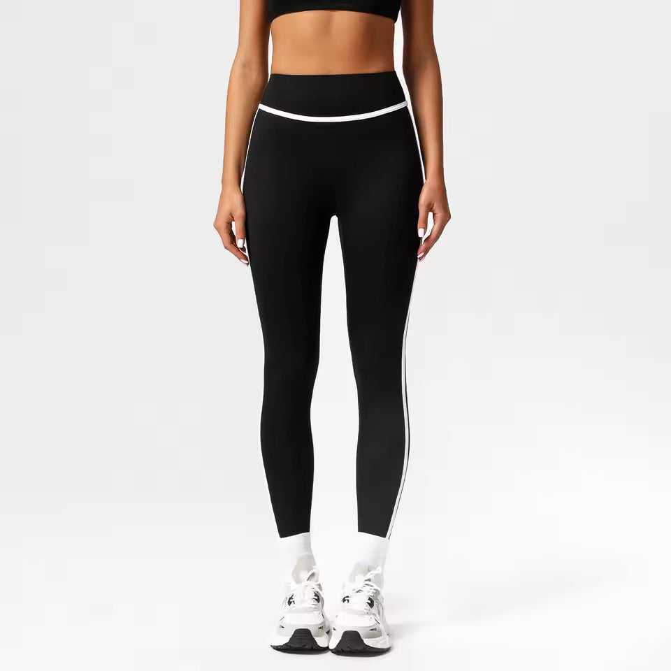 Black Athletic Leggings with White Contrast Piping