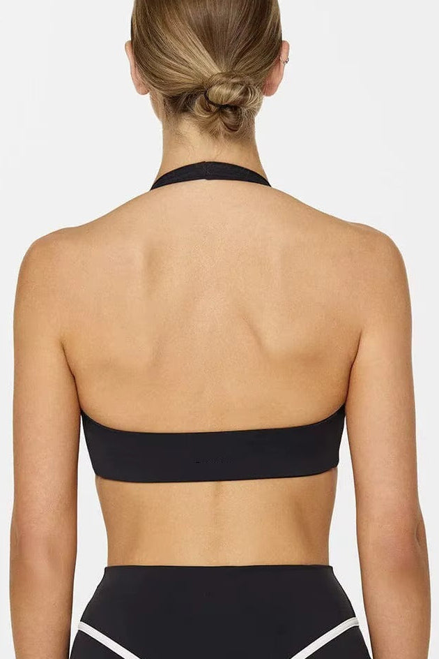 Halter Sports Bra with White Contrast Piping