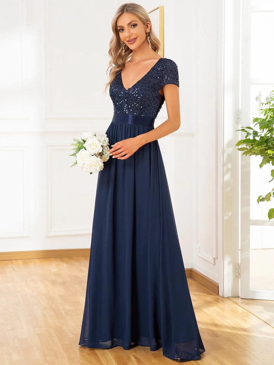 Empire Waist V-Neck Cap Sleeve Chiffon Evening Dress