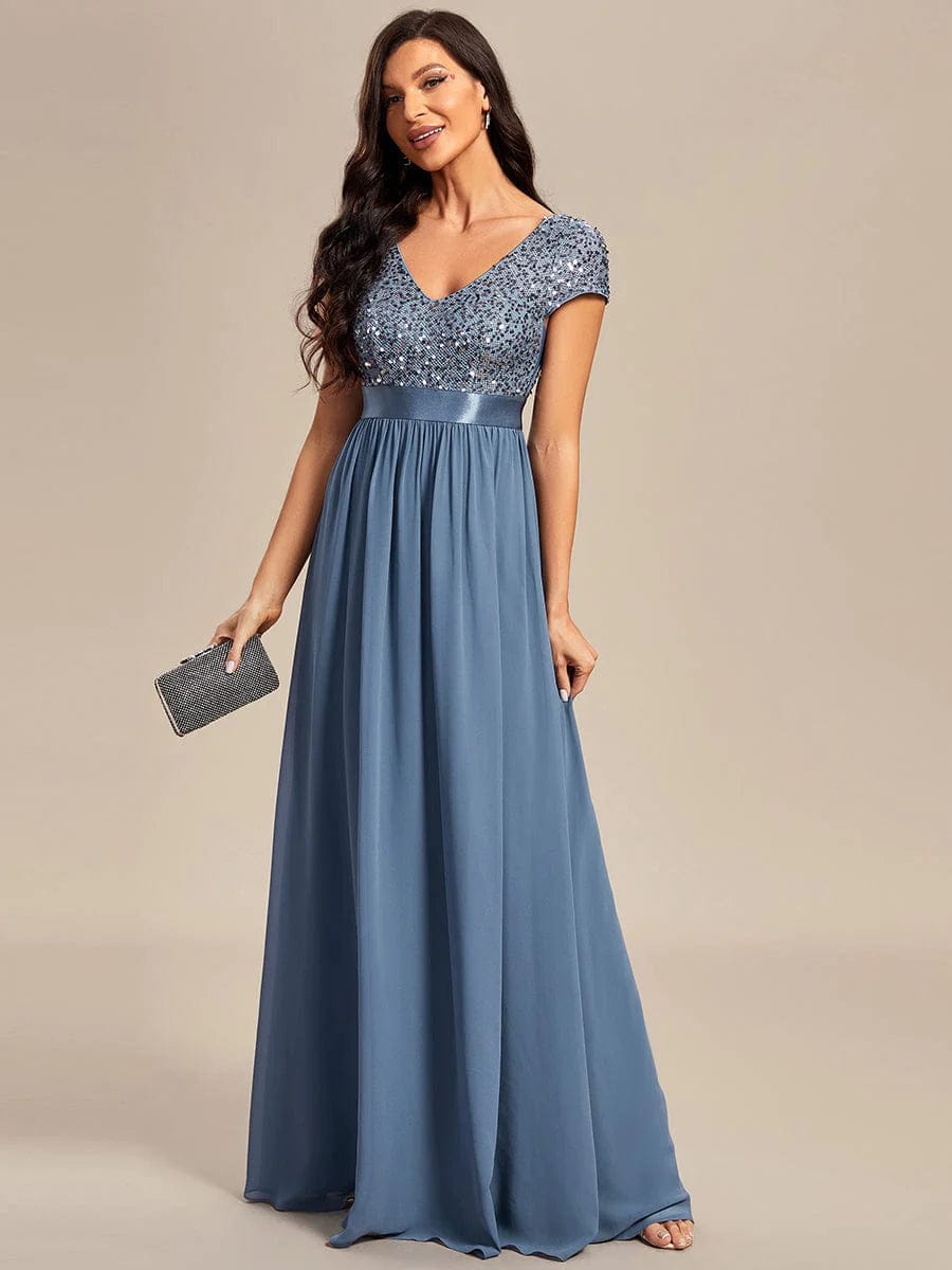 Empire Waist V-Neck Cap Sleeve Chiffon Evening Dress