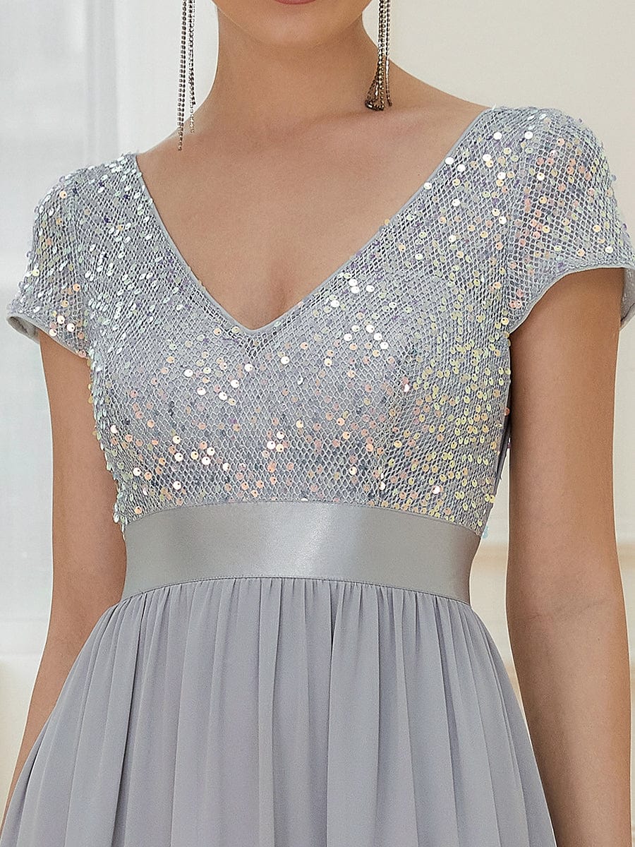 Empire Waist V-Neck Cap Sleeve Chiffon Evening Dress