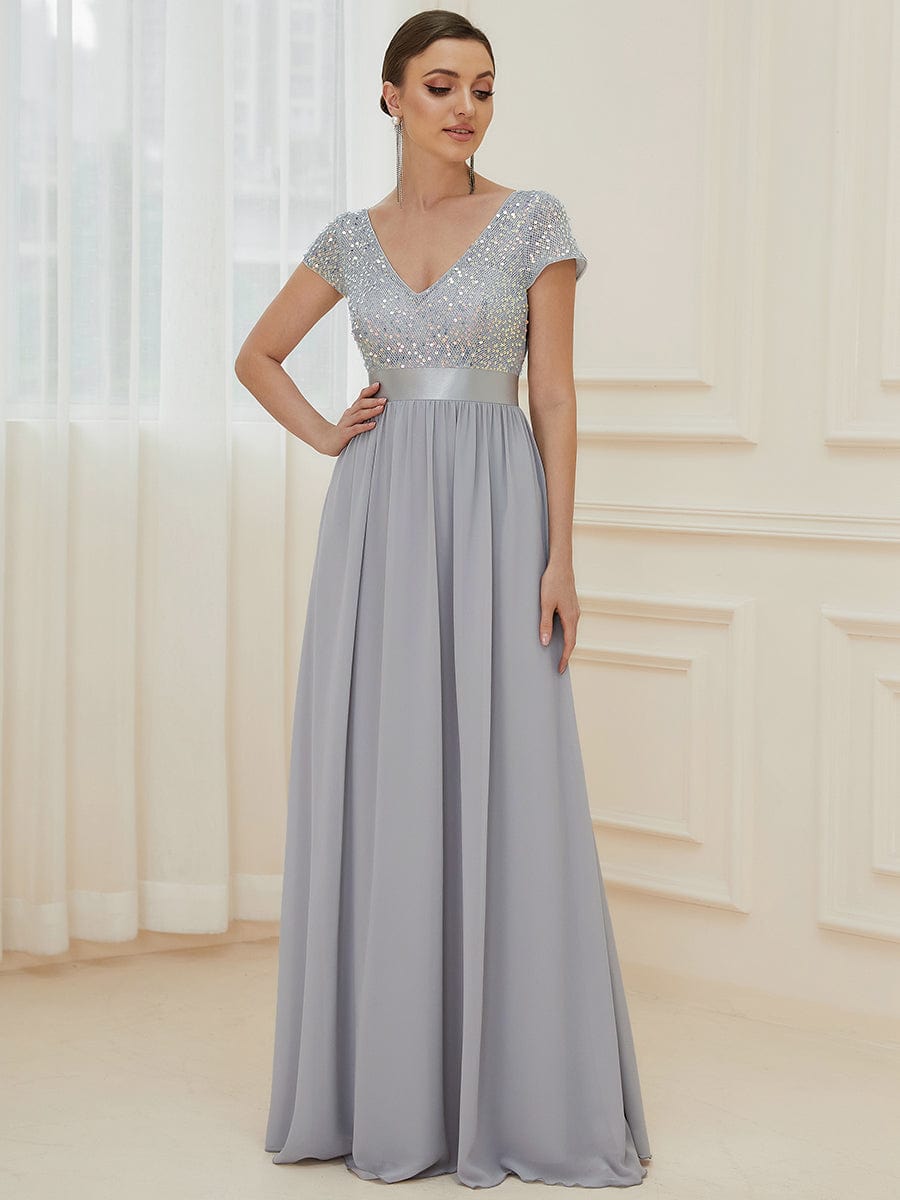 Empire Waist V-Neck Cap Sleeve Chiffon Evening Dress