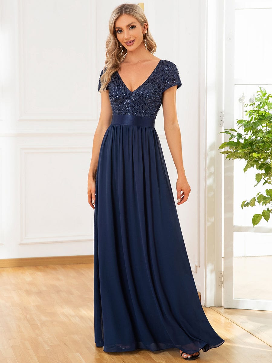 Empire Waist V-Neck Cap Sleeve Chiffon Evening Dress