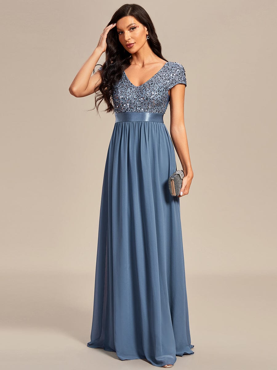 Empire Waist V-Neck Cap Sleeve Chiffon Evening Dress
