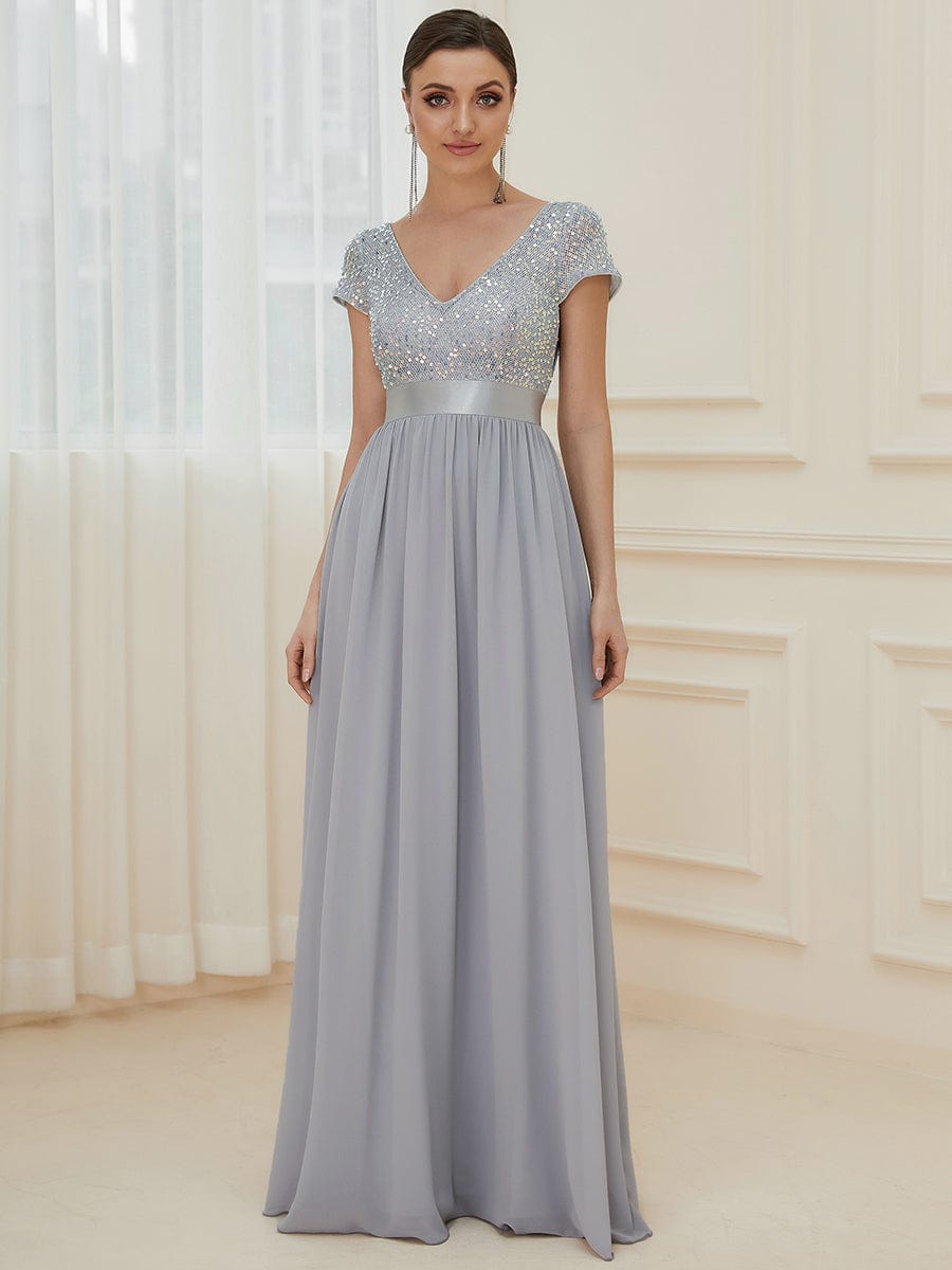 Empire Waist V-Neck Cap Sleeve Chiffon Evening Dress