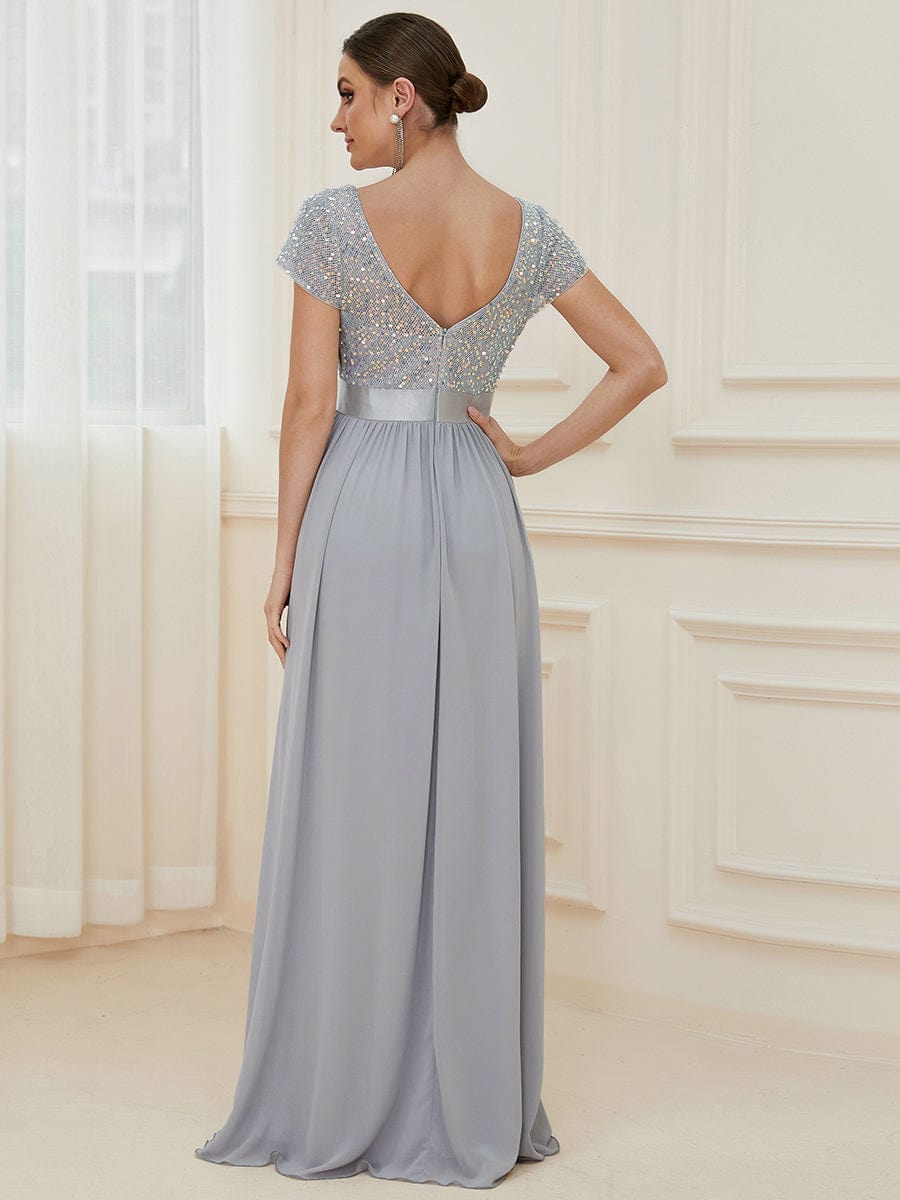 Empire Waist V-Neck Cap Sleeve Chiffon Evening Dress